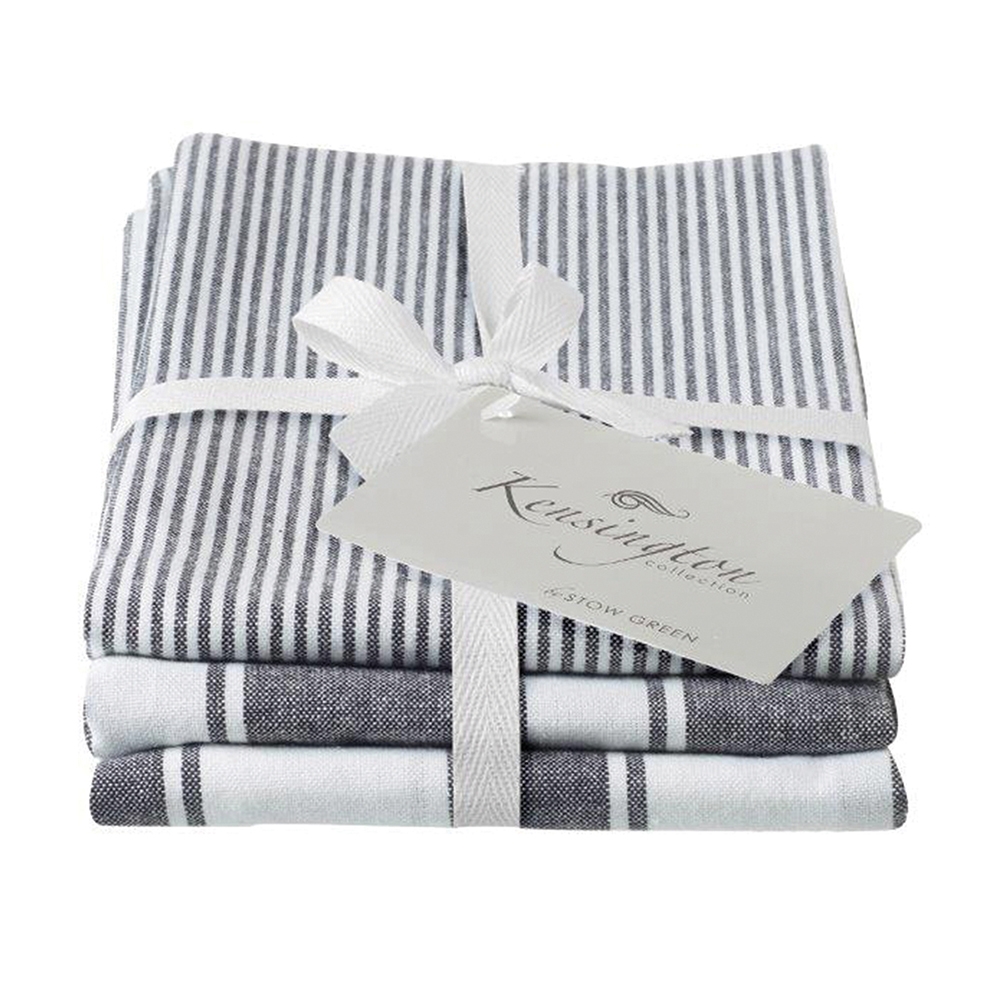 KENSINGTON STRIPE TEA TOWEL BLACK SET OF 3 Eddingtons