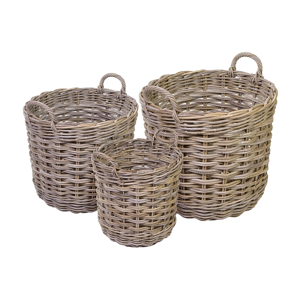 ROUND GREY KUBU RATTAN LOG BAS BASKET SET OF 3 Eddingtons